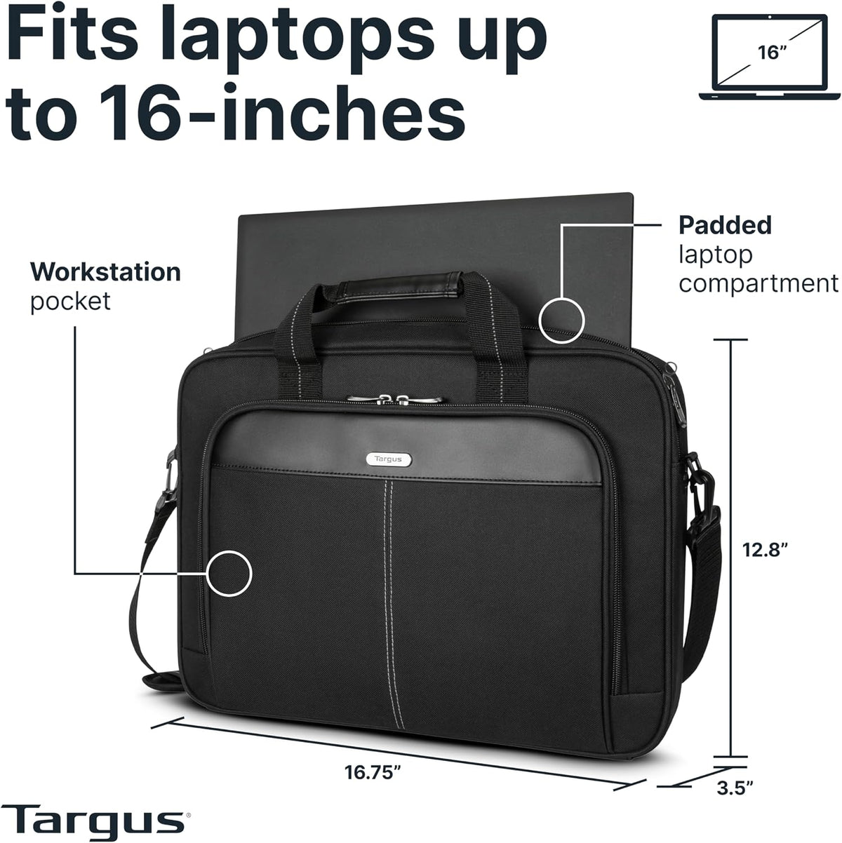 Targus 15-16 Inch Slim Lightweight Laptop Briefcase, Black - Messenger and Shoulder Bag with Padded Compartment and Trolley Strap for 16" Laptops (TCT027US)