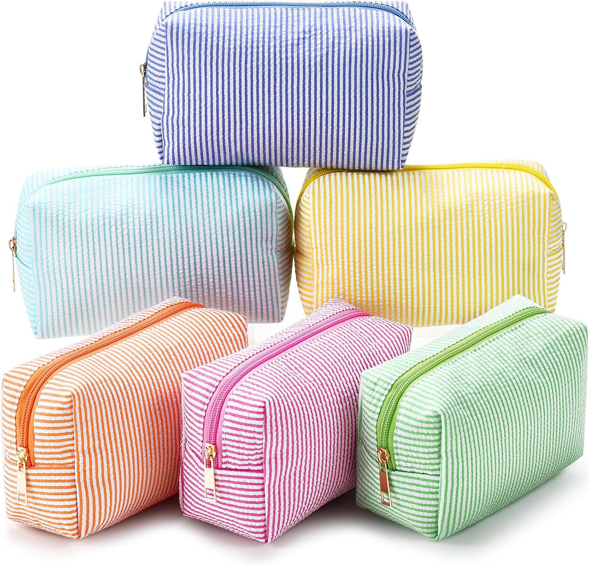 Sanwuta 6 Pcs Seersucker Cosmetic Bags Bulk, Striped Zippered,Rainbow