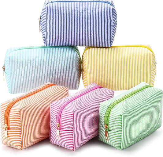 Sanwuta 6 Pcs Seersucker Cosmetic Bags Bulk, Striped Zippered,Rainbow