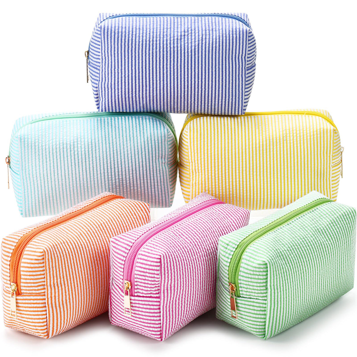 Sanwuta 6 Pcs Seersucker Cosmetic Bags Bulk, Striped Zippered,Rainbow