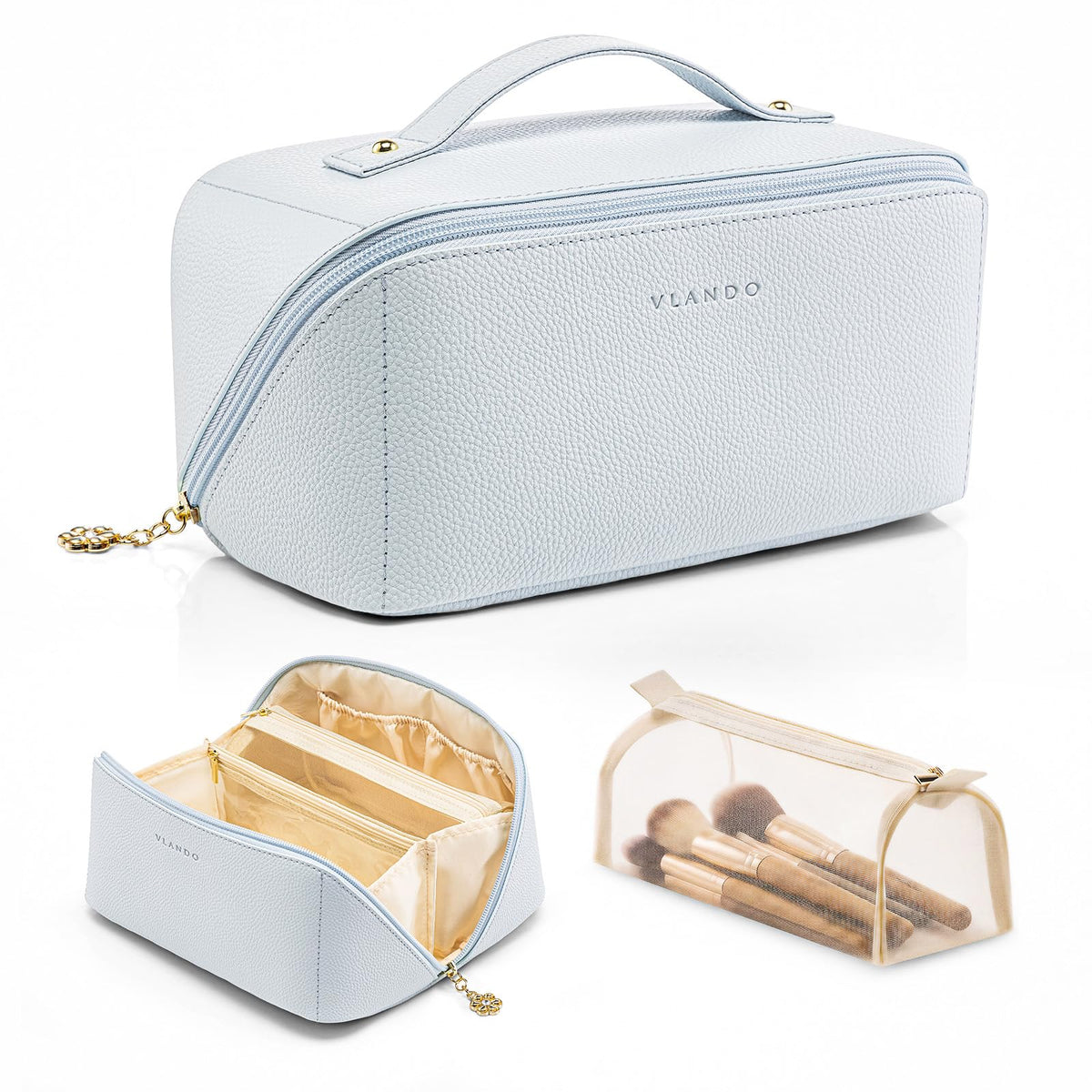 VLANDO Travel Makeup Bag with 180°Opening, Women Toiletry Case,Toffee
