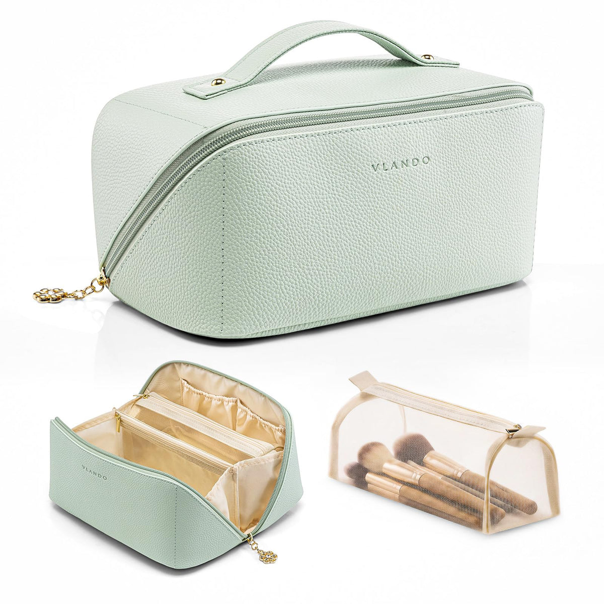 VLANDO Travel Makeup Bag with 180°Opening, Women Toiletry Case,Toffee