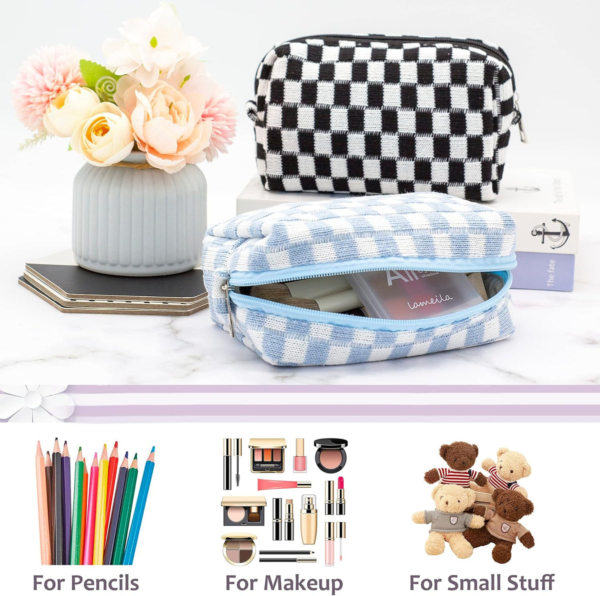 Checkered Makeup Bag for Purse, Small Travel Cosmetic Pouch,Blue,6 Pack