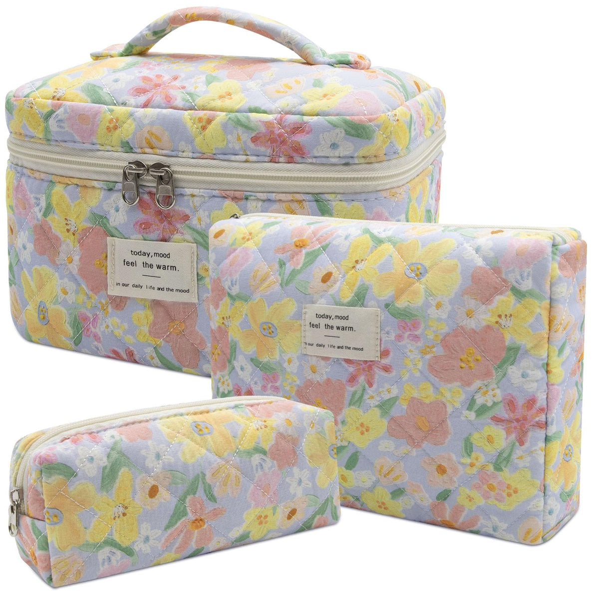 Gosect Makeup Bag, Large Quilted Cosmetic Bag, Big Floral Make Up Bag for Women Girls, Cute Cotton Makeup Bag Set, Flower Travel Toiletry Organizer Bag (Blue Flower)