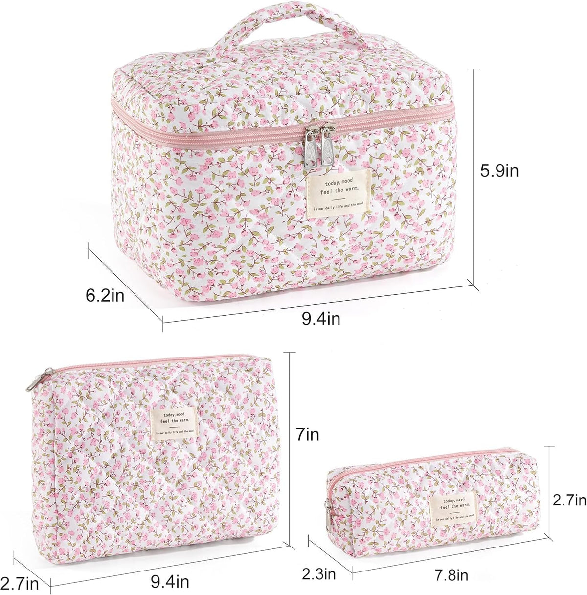Makeup Bag for Women 3PCS Quilted Cotton Make Up Bag Travel Cosmetic Bag Large Makeup Bag Set Cute Makeups Organizer Floral Toiletry Pouch for Purse, Pink Floral D