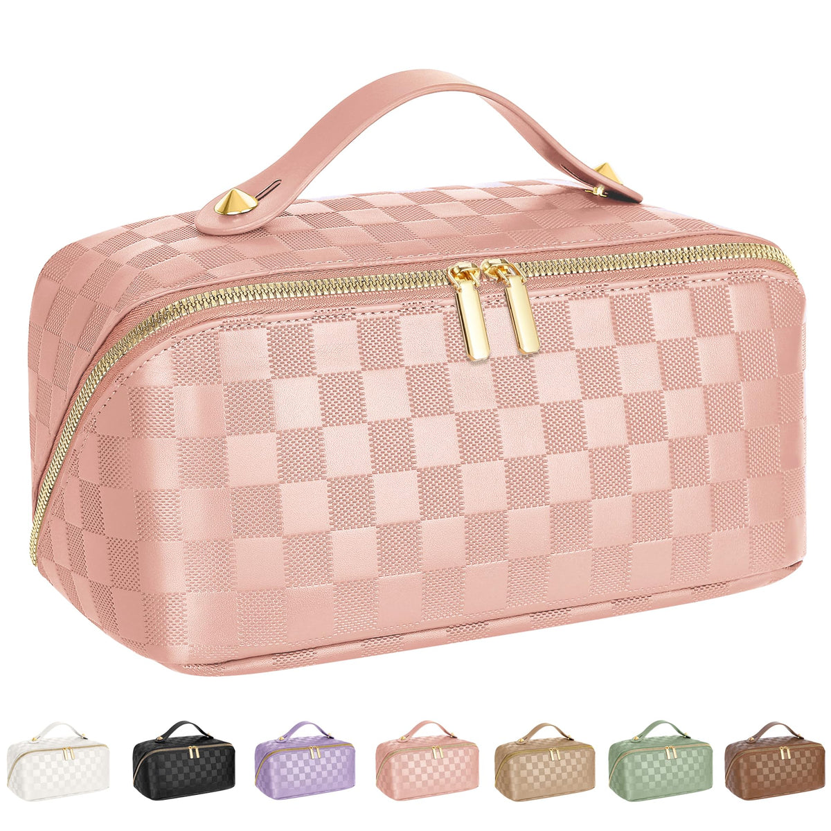 ALEXTINA Travel Makeup Bag, Woven PU Leather Cosmetic Bag, Khaki