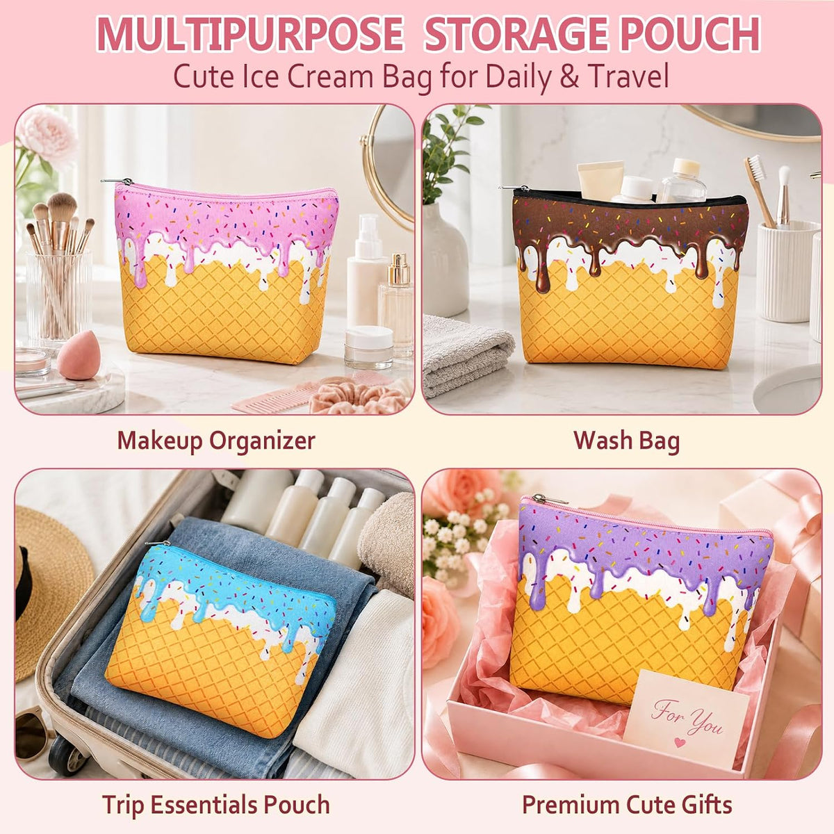 12 Pcs Ice Cream Drip Cosmetic Bags for Women, Ice Cream Drip Makeup Bags for Themed Party Favors, Toiletry Zipper Pouch for Birthday Party Favors Summer Lovers Gifts