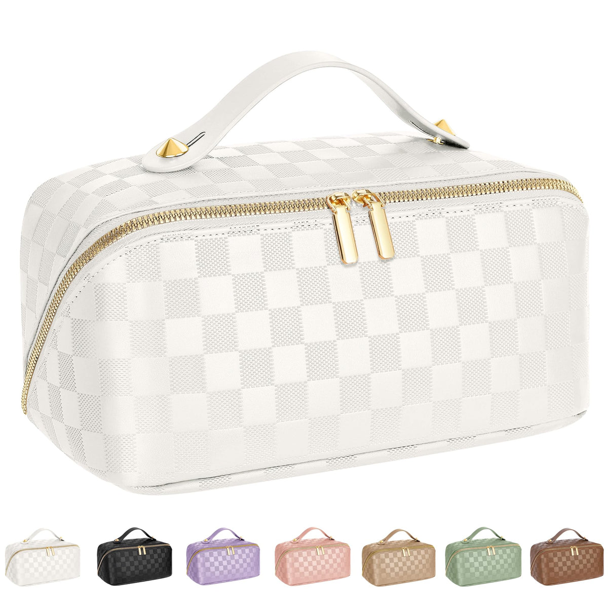 ALEXTINA Travel Makeup Bag, Woven PU Leather Cosmetic Bag, Khaki
