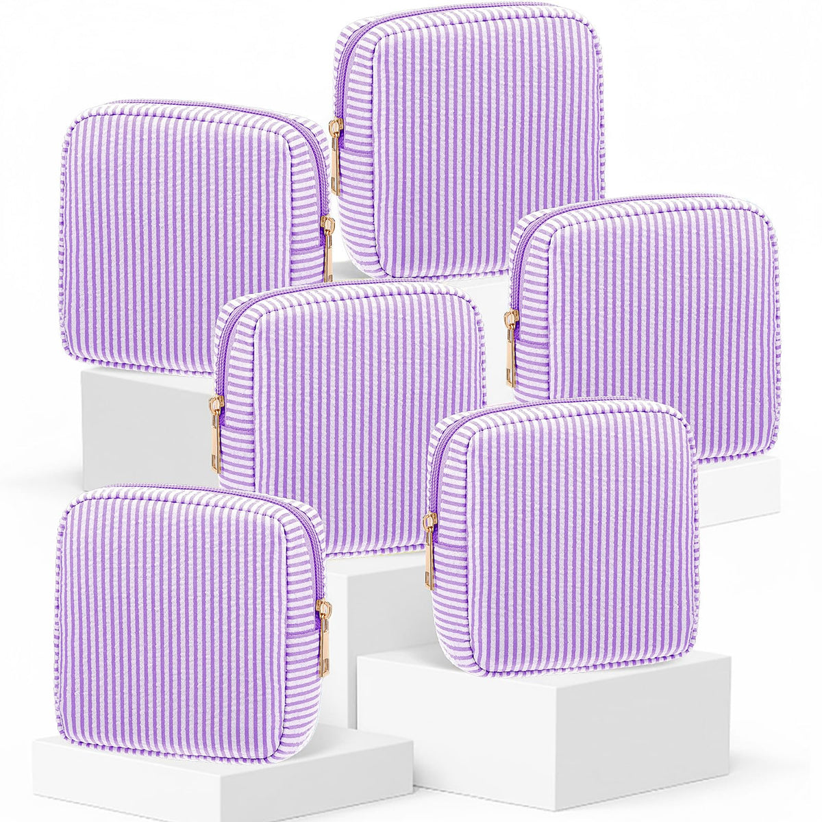 Sanwuta 6 Pack Seersucker Makeup Bags for Women Striped,Large,Macaron Color
