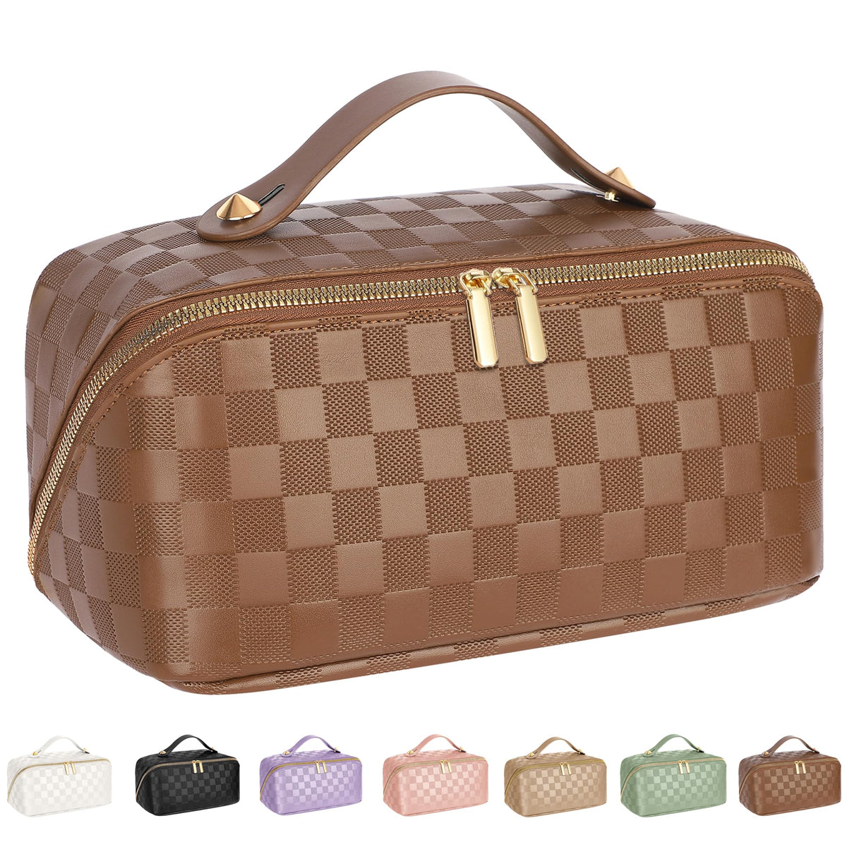 ALEXTINA Travel Makeup Bag, Woven PU Leather Cosmetic Bag, Khaki