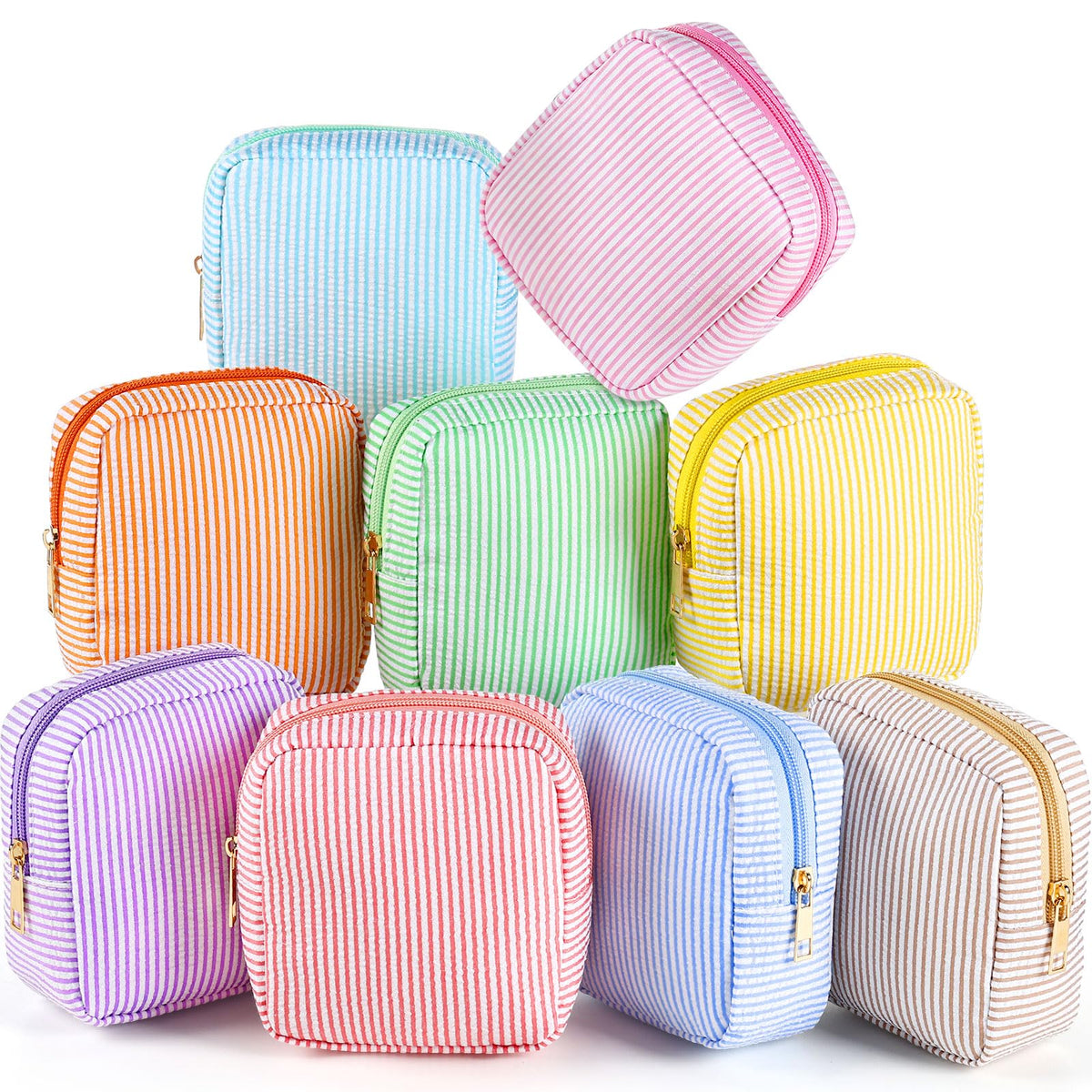 Sanwuta 6 Pack Seersucker Makeup Bags for Women Striped,Large,Macaron Color