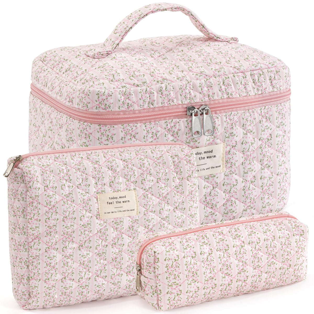 Makeup Bag for Women 3PCS Quilted Cotton Make Up Bag Travel Cosmetic Bag Large Makeup Bag Set Cute Makeups Organizer Floral Toiletry Pouch for Purse, Pink Floral D