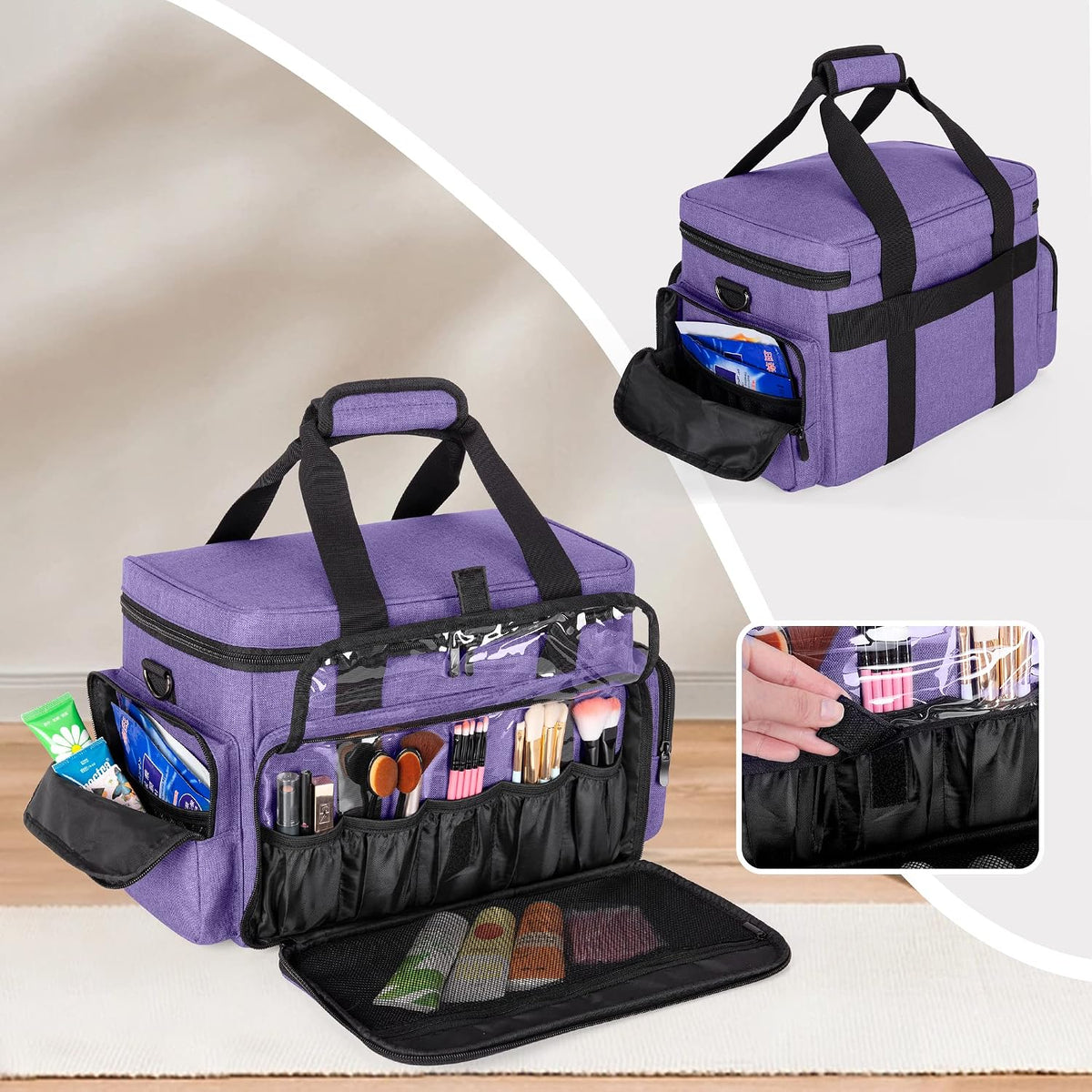 BAFASO Makeup Bag with 2 Removable Pouches and Detachable Dividers, Purple