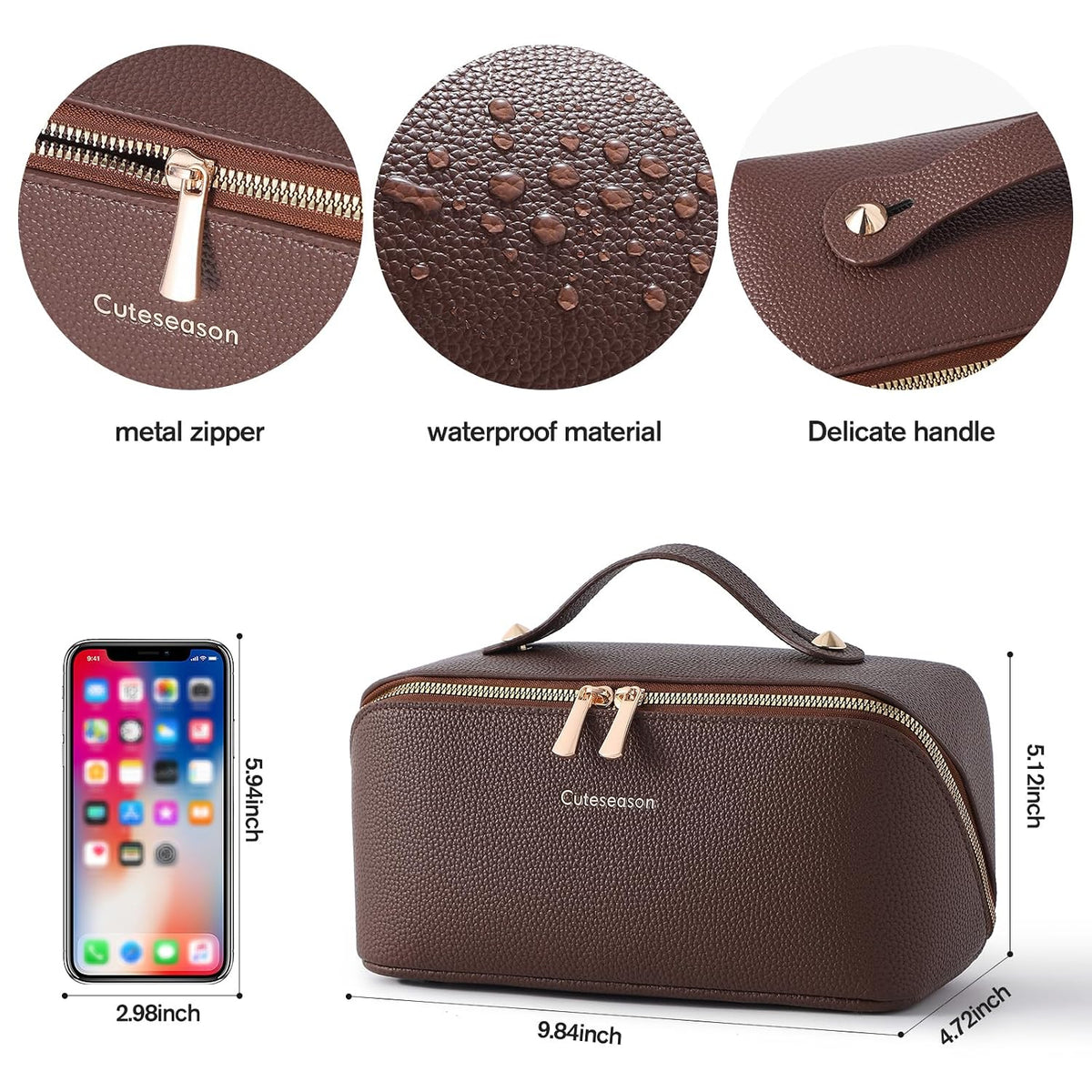 PU Leather Makeup Bag for Women, Structured Makeup Case with Wide Opening, Travel Cosmetic Bag with Compartments and Handle, Water-Resistant Makeup Organizer(Khaki, Lychee Grain)