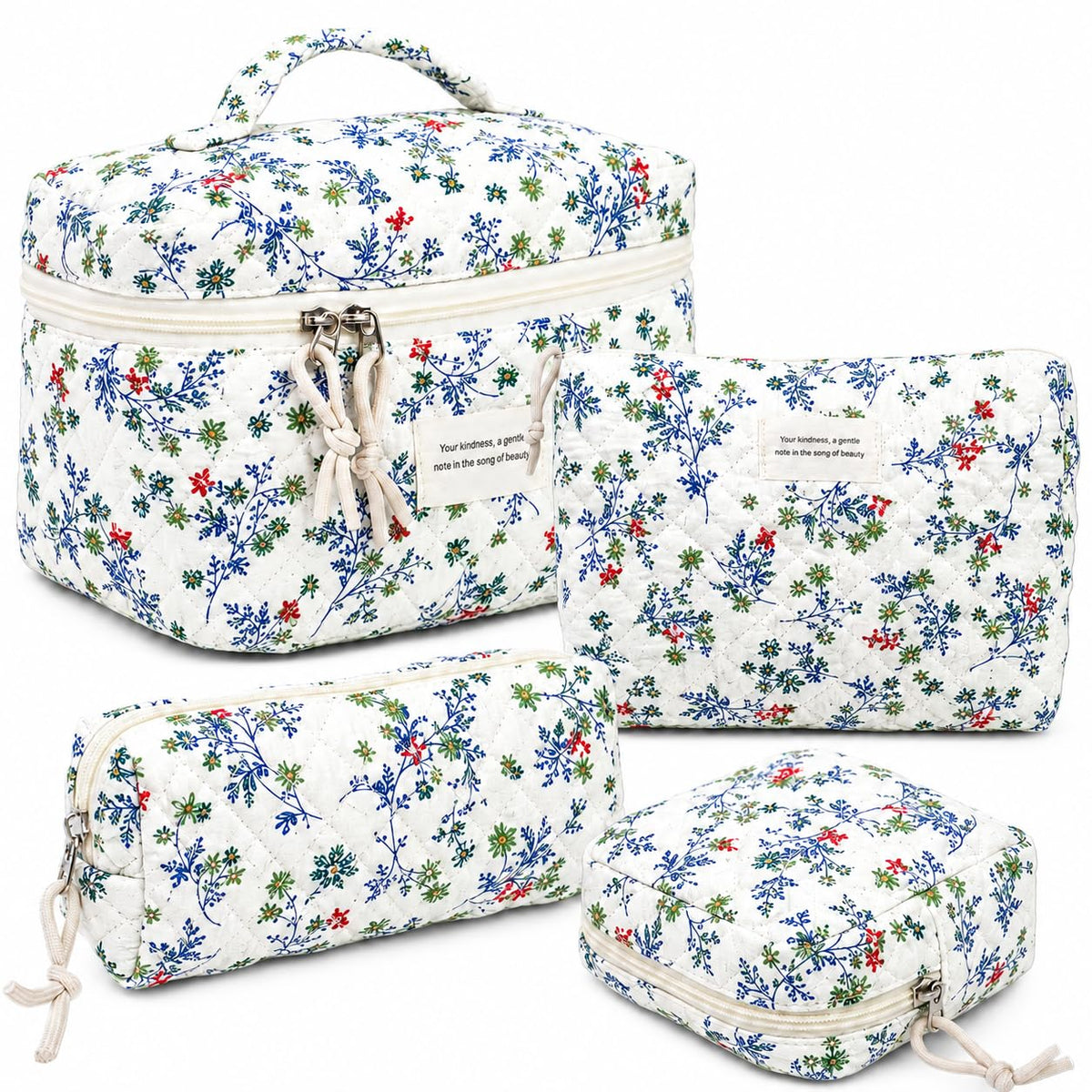 NATINSA Cute Makeup Bag for Women(2 Pcs), Travel Cosmetic Bags, Quilted Coquette Aesthetic Floral Toiletry Organizer Bag (46 - Sky Blue/4Pcs)