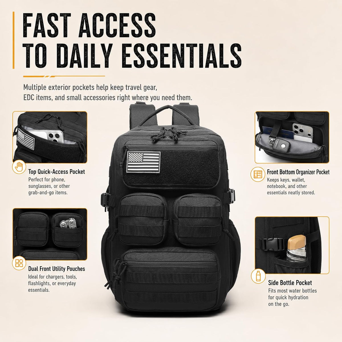 Wotony Tactical Backpack for Men, 25L/35L/45L EDC Backpack with Laptop Compartment, MOLLE System, Water-Resistant 900D Fabric, Multi-Pocket Travel Backpack for Hiking, Camping, Gym and Daily Use