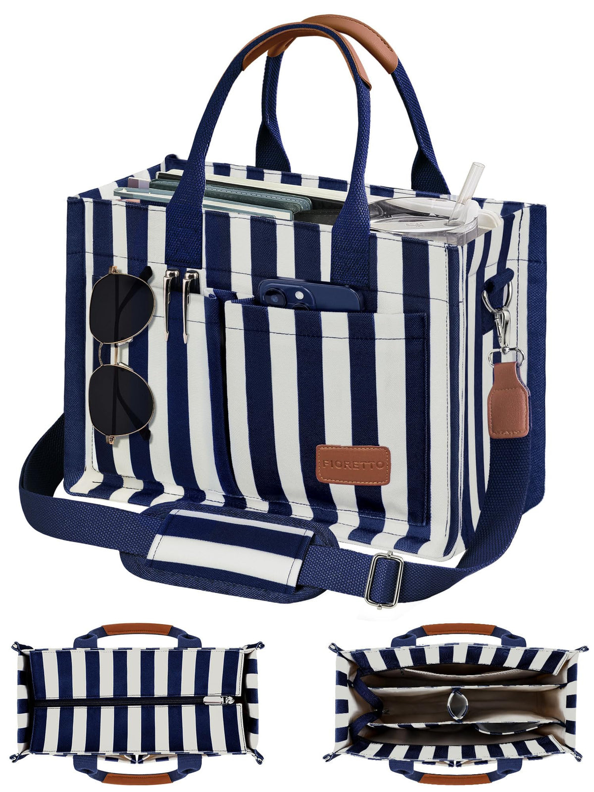 FIORETTO Canvas Tote Bag for Women with Zipper Closure & Individual Compartments for Work College for Teacher & Nurse