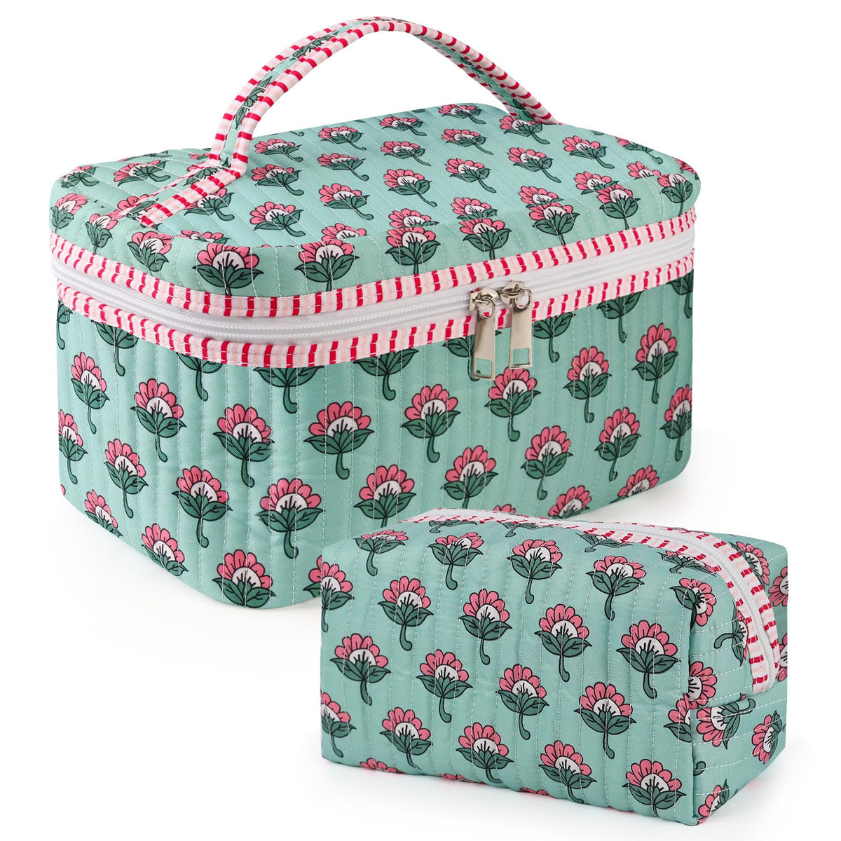 2 Pcs Quilted Makeup Bag Set, Floral Travel Cosmetic Bags for Women Girls