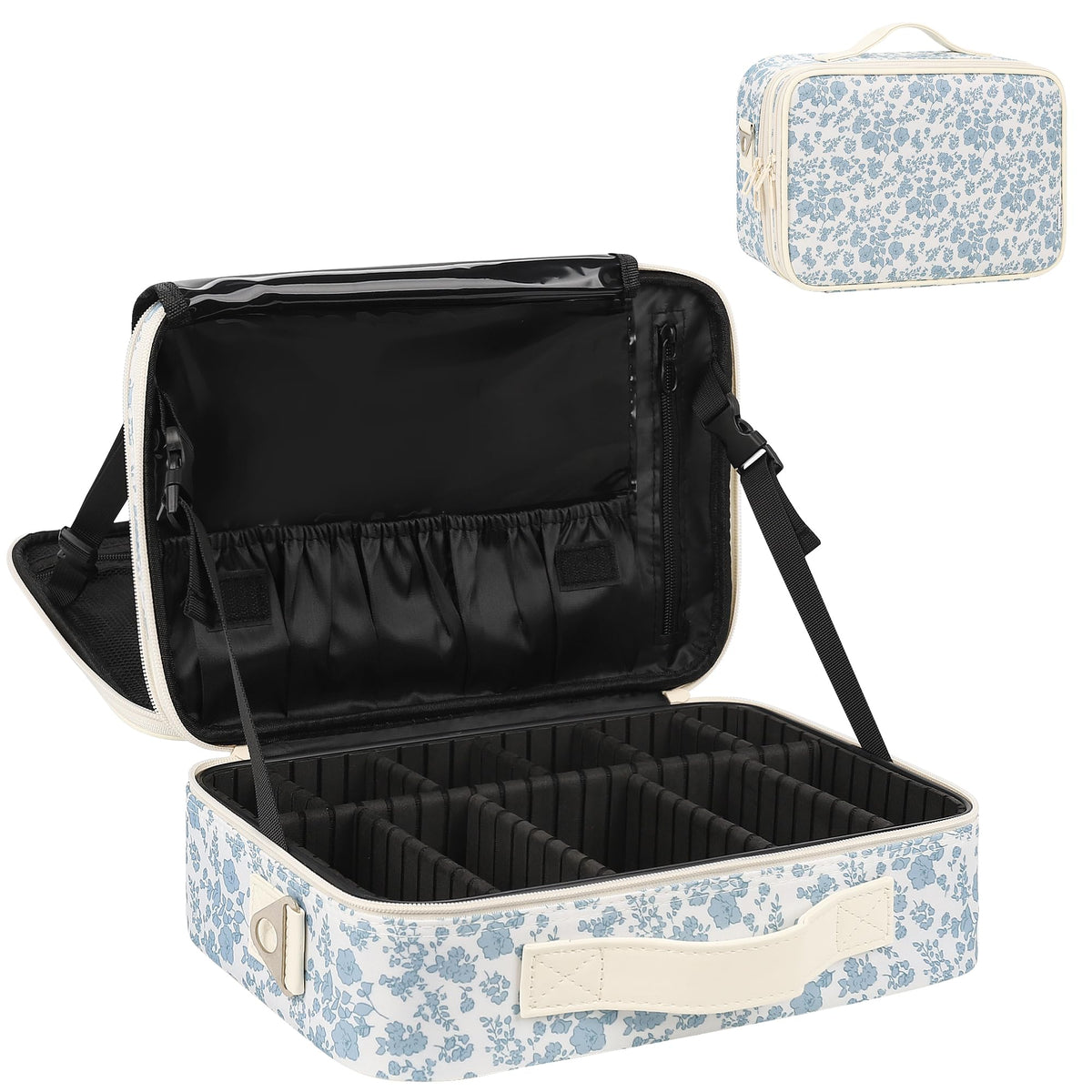 Relavel Makeup Bag Travel Makeup Train Case Large Cosmetic Case Professional Portable Makeup Brush Holder Organizer and Storage with Adjustable Dividers and Shoulder Strap Black