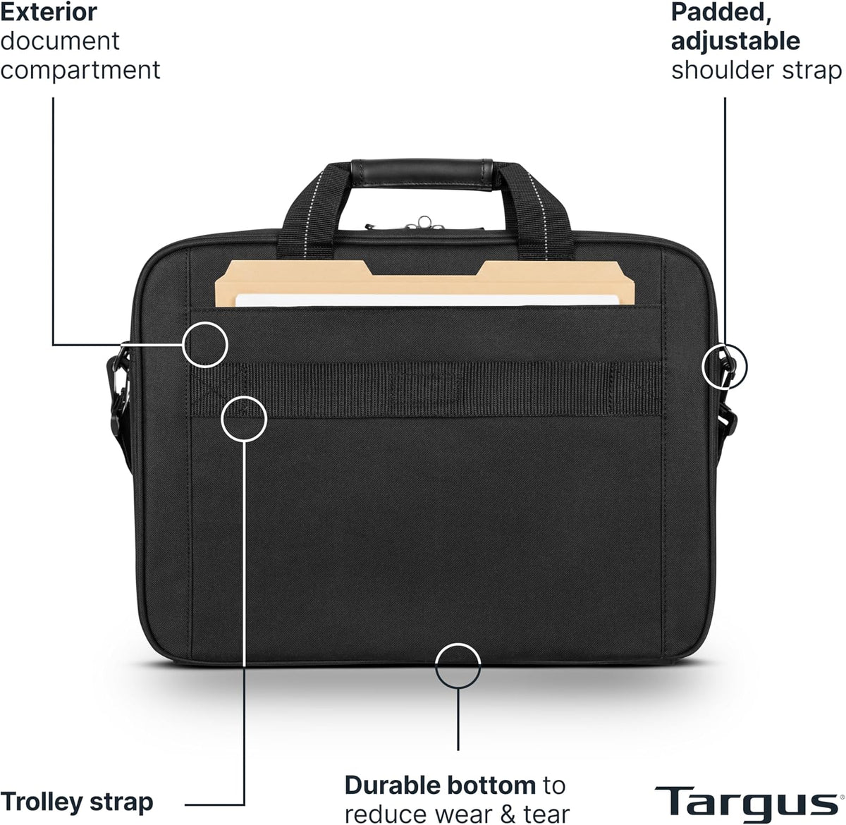 Targus 15-16 Inch Slim Lightweight Laptop Briefcase, Black - Messenger and Shoulder Bag with Padded Compartment and Trolley Strap for 16" Laptops (TCT027US)