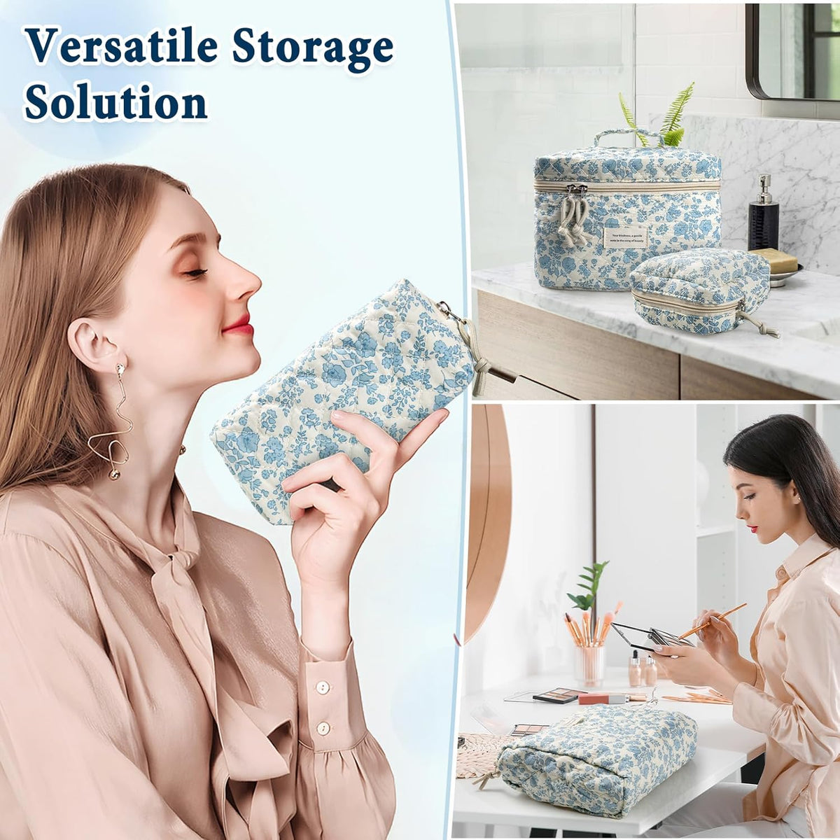 NATINSA Cute Makeup Bag for Women(2 Pcs), Travel Cosmetic Bags, Quilted Coquette Aesthetic Floral Toiletry Organizer Bag (46 - Sky Blue/4Pcs)