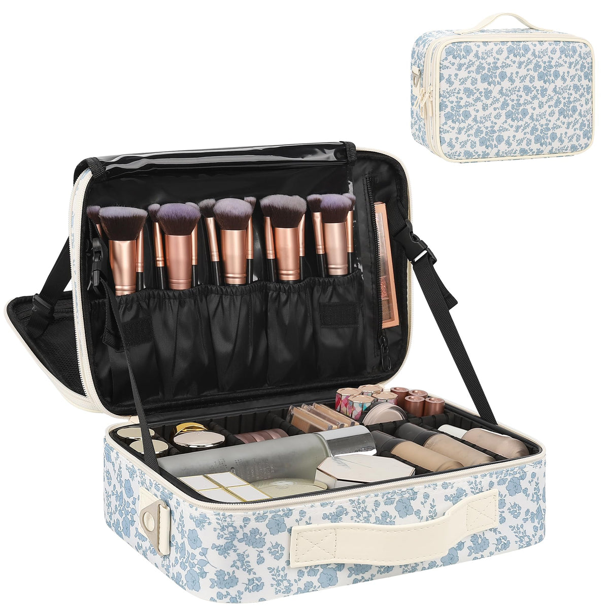 Relavel Extra Large Makeup Case, Makeup Artist Set Bag Professional Cosmetic Organizer Bag Storage Box with Makeup Brush Holder, Adjustable Dividers and Shoulder Strap, Black