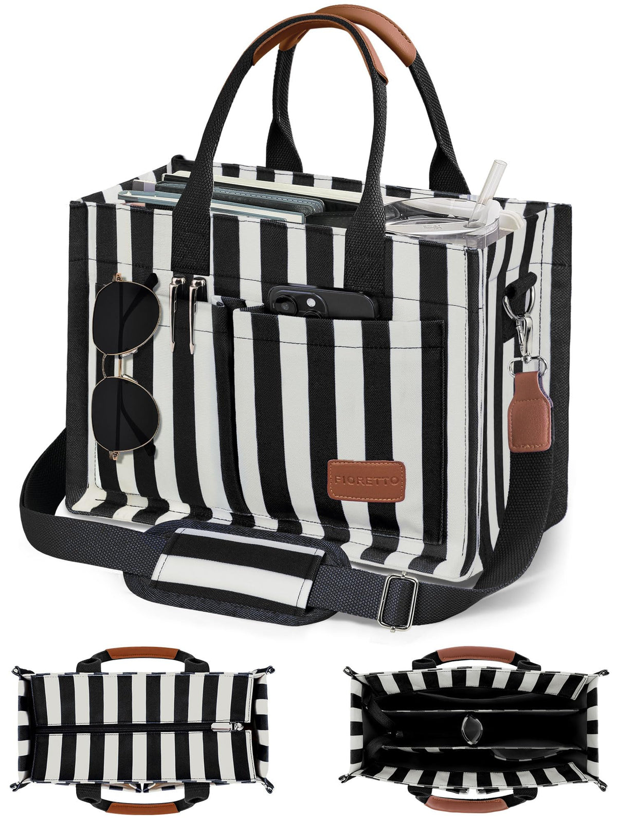 FIORETTO Canvas Tote Bag for Women with Zipper Closure & Individual Compartments for Work College for Teacher & Nurse