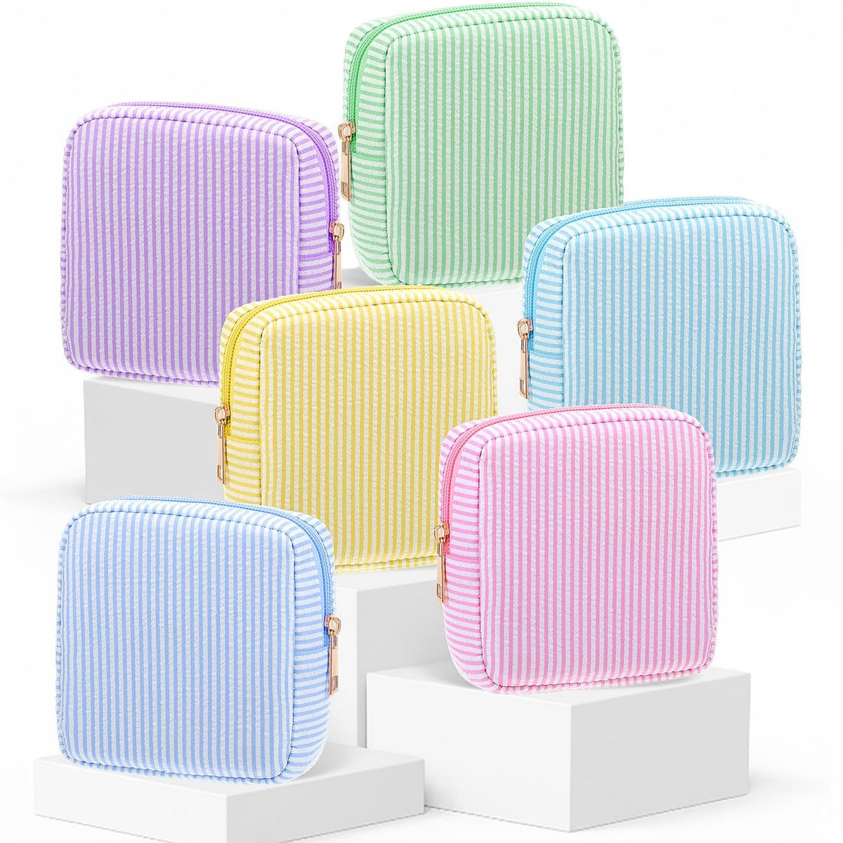 Sanwuta 6 Pack Seersucker Makeup Bags for Women Striped,Large,Macaron Color