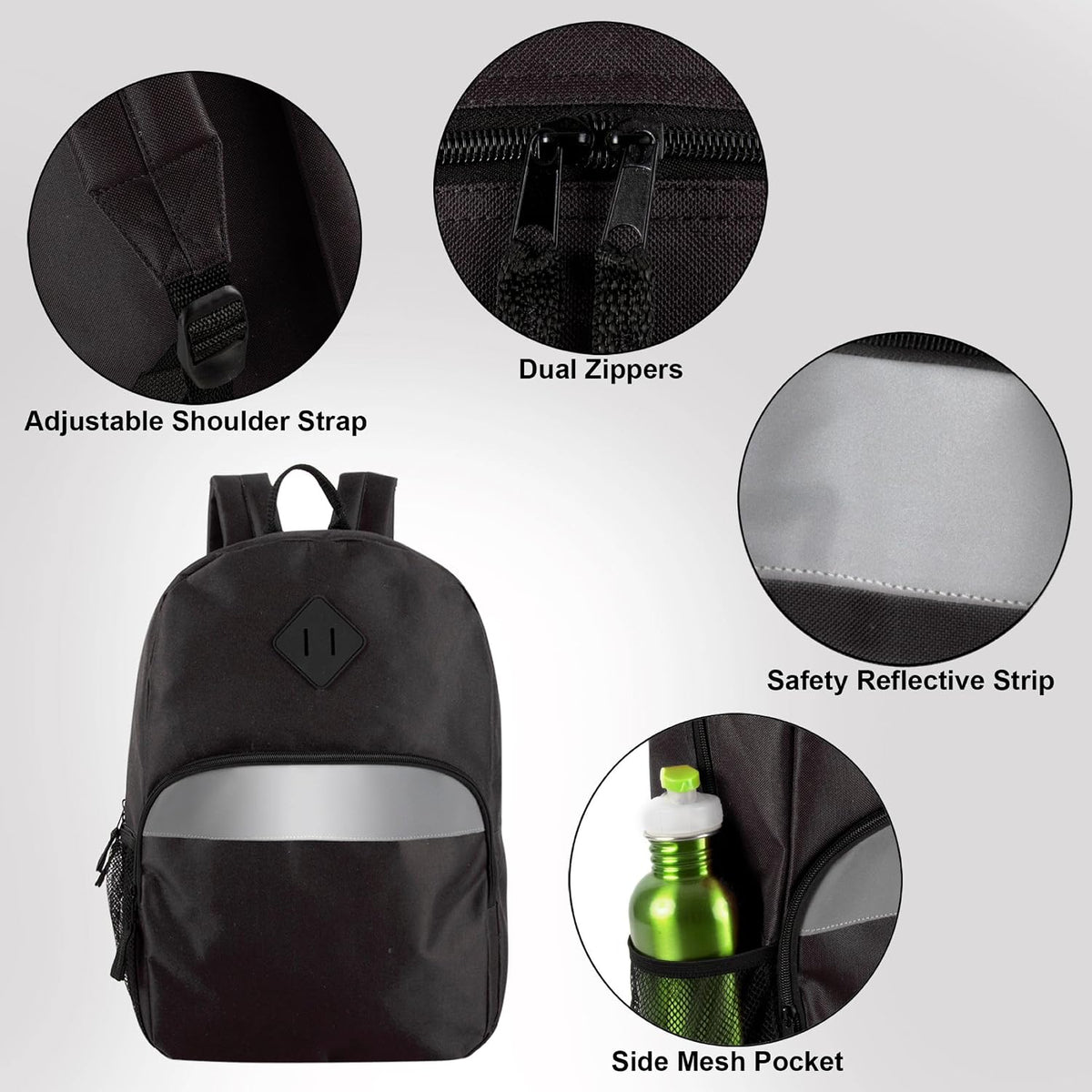 Trail maker 17" Backpack – Reflective School Backpack with Padded Straps, Water Bottle Pockets for Kids & Adults, School Travel Camp (Black)