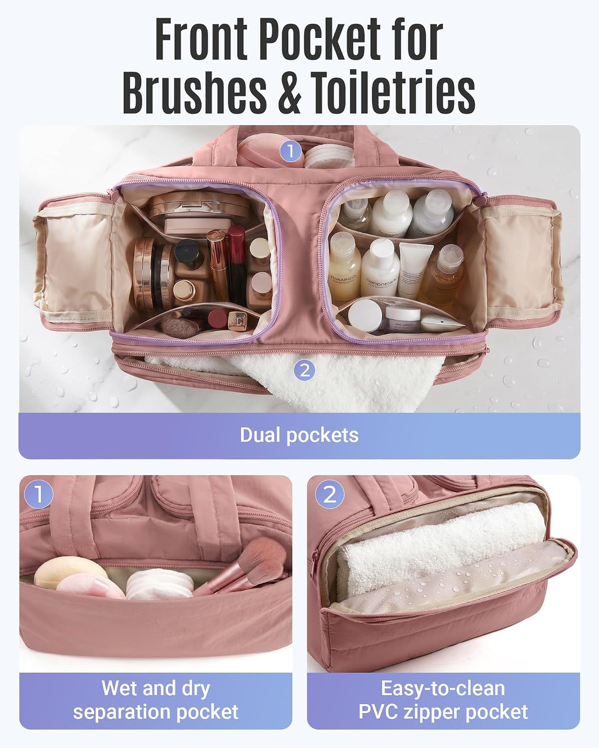LIGHT FLIGHT Travel Toiletry Bag, Quilted Travel Makeup Cosmetic Bag Organizer, Toiletry Bags for Traveling Women, Make up Bag with Handle, Black