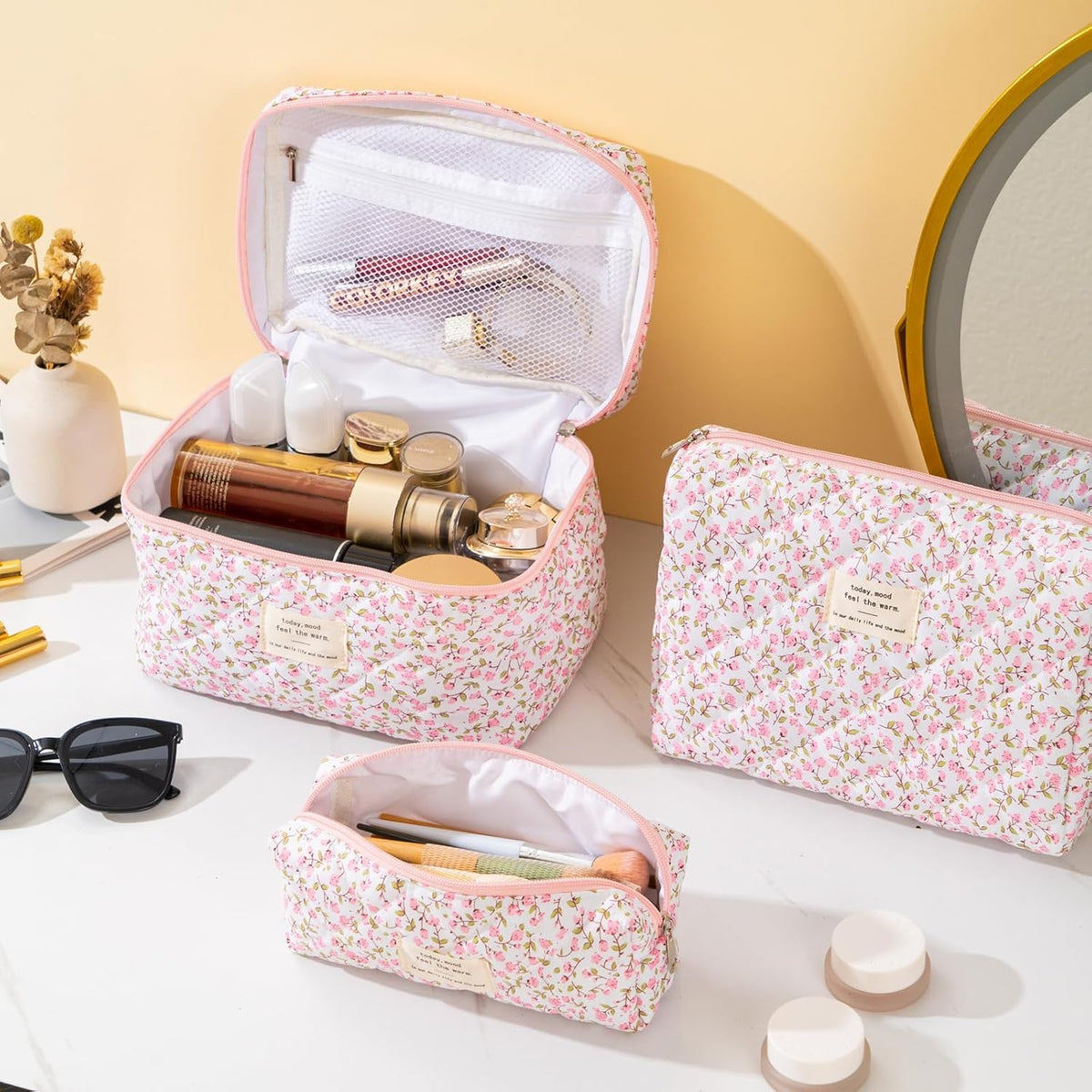 Makeup Bag for Women 3PCS Quilted Cotton Make Up Bag Travel Cosmetic Bag Large Makeup Bag Set Cute Makeups Organizer Floral Toiletry Pouch for Purse, Pink Floral D