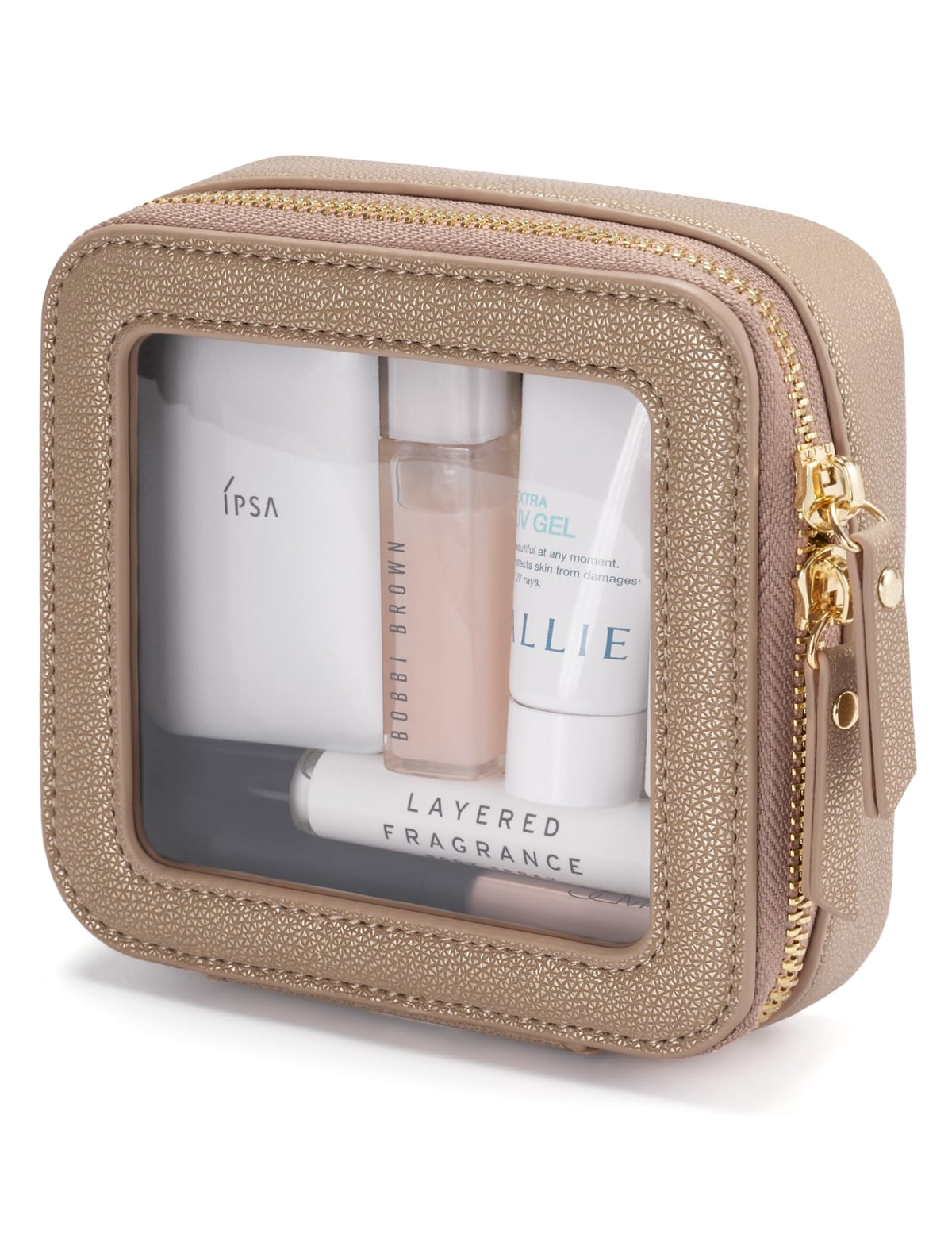 Popvibe Clear Makeup Bag Travel Cosmetic Case Transparent Toiletry Bag with Zipper, Portable Make Up Organizer Traveling Compact Car Bag for Essentials, Gold, Large