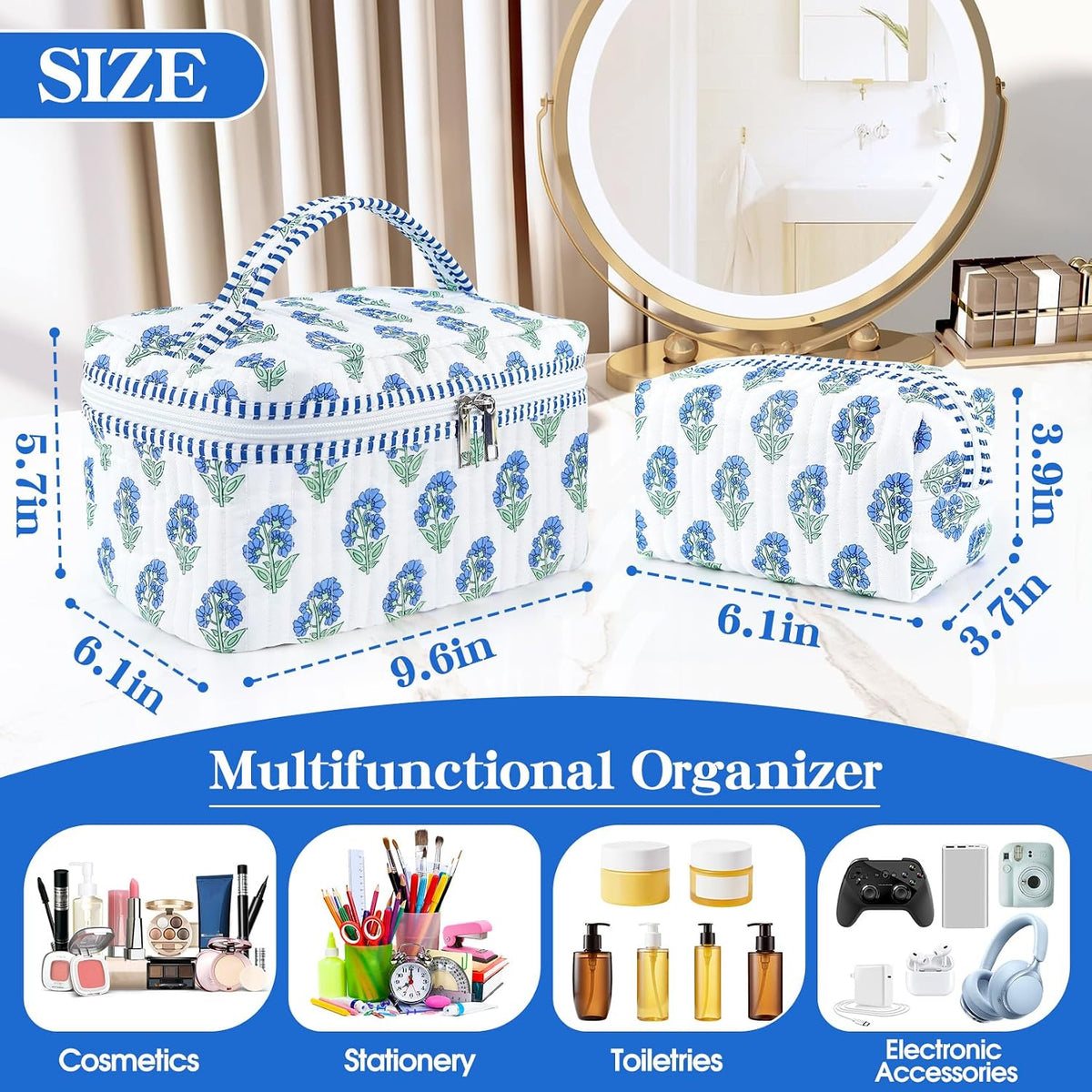 2 Pcs Quilted Makeup Bag Set, Floral Travel Cosmetic Bags for Women Girls