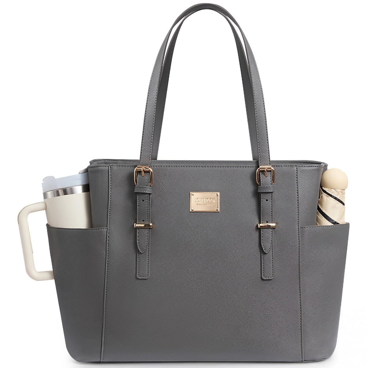 LOVEVOOK Laptop Tote Bag for Women, Vintage Leather 15.6 Inch Work Tote with Large Water Bottle Pocket, Teacher Nurse Professional Computer Bag, Office Briefcase Handbag Gift, Brown
