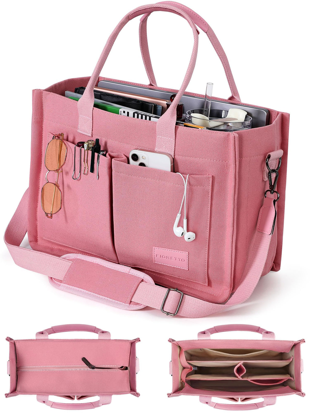 FIORETTO Canvas Tote Bag for Women with Zipper Closure & Individual Compartments for Work College for Teacher & Nurse