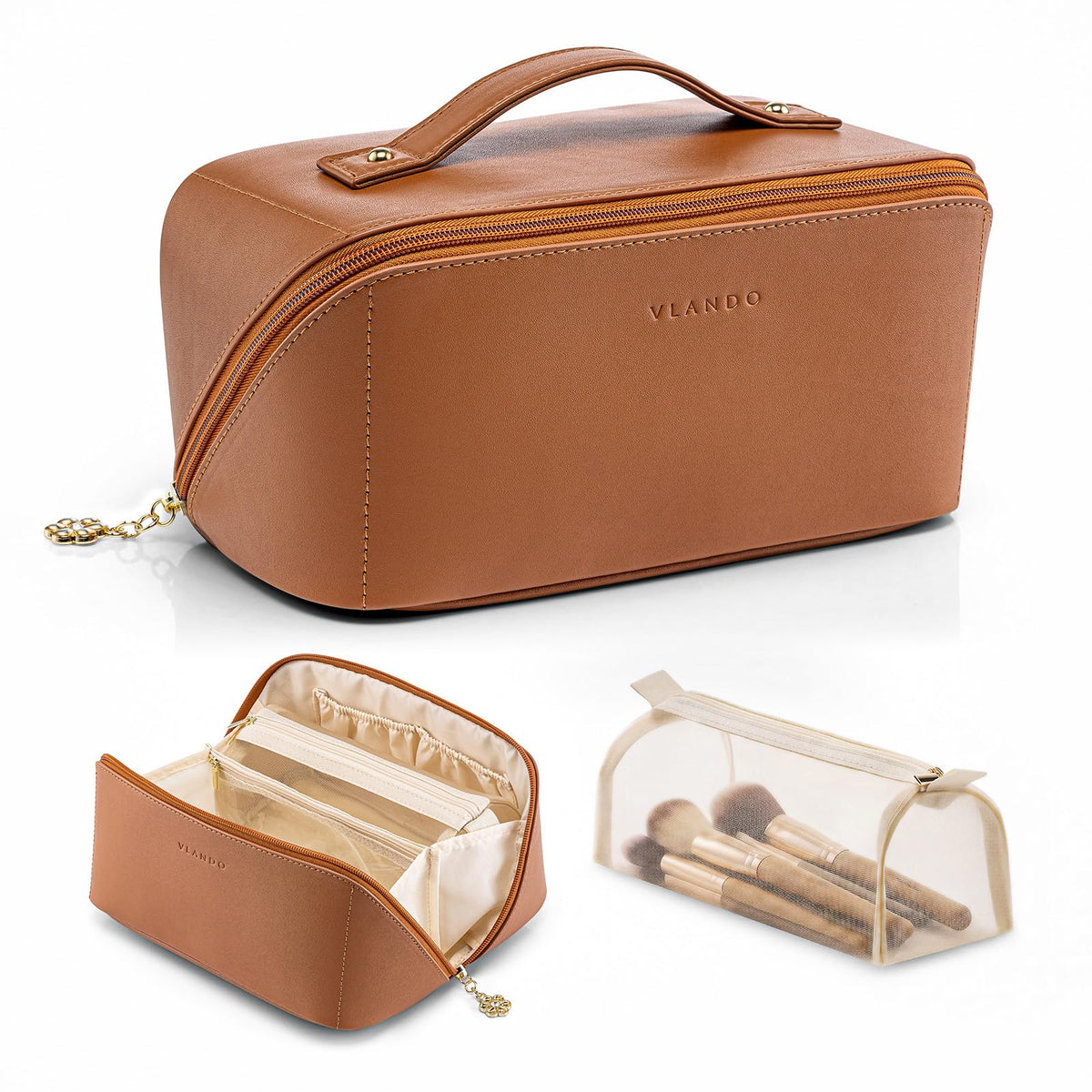 VLANDO Travel Makeup Bag with 180°Opening, Women Toiletry Case,Toffee