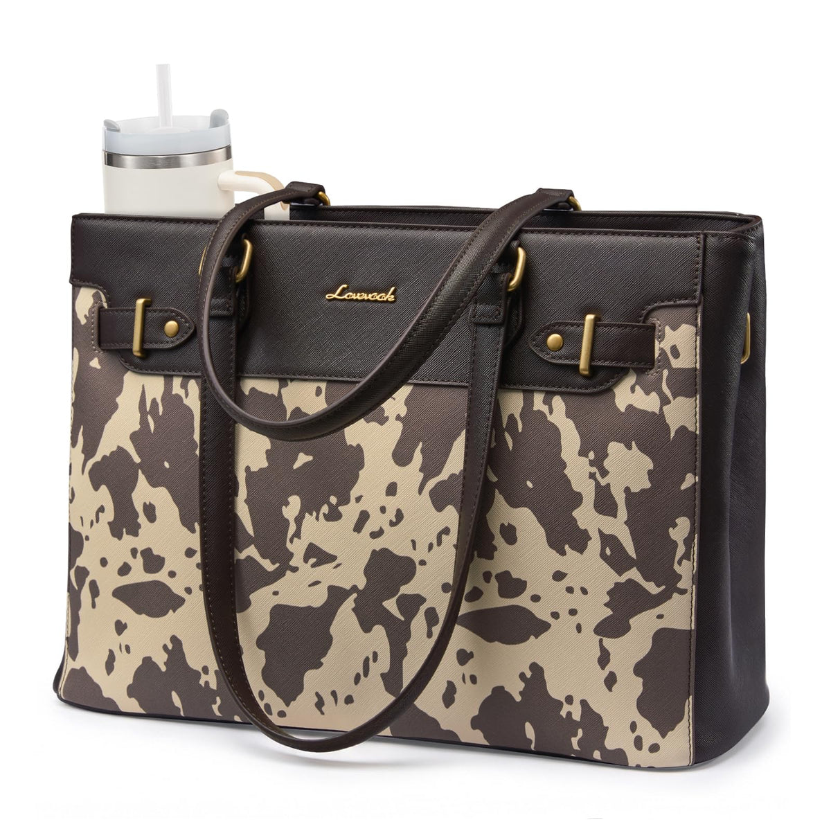 LOVEVOOK Laptop Tote Bag for Women Work, Teacher Tote Bag with Large Cup Holder, Waterproof Leather Computer Bag