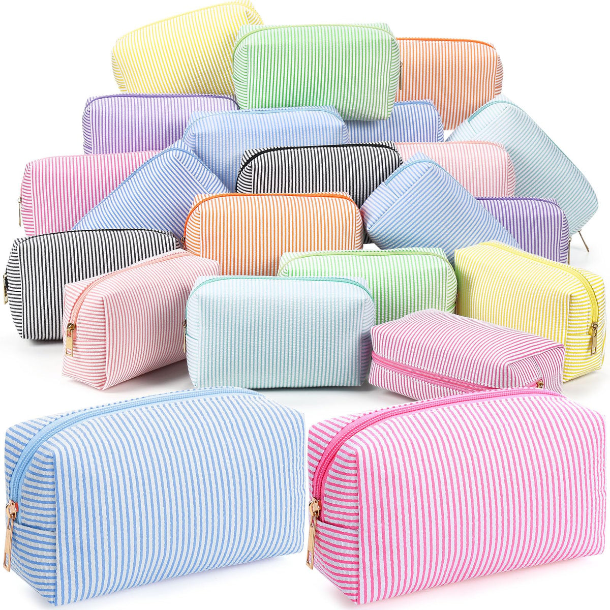 Sanwuta 6 Pcs Seersucker Cosmetic Bags Bulk, Striped Zippered,Rainbow