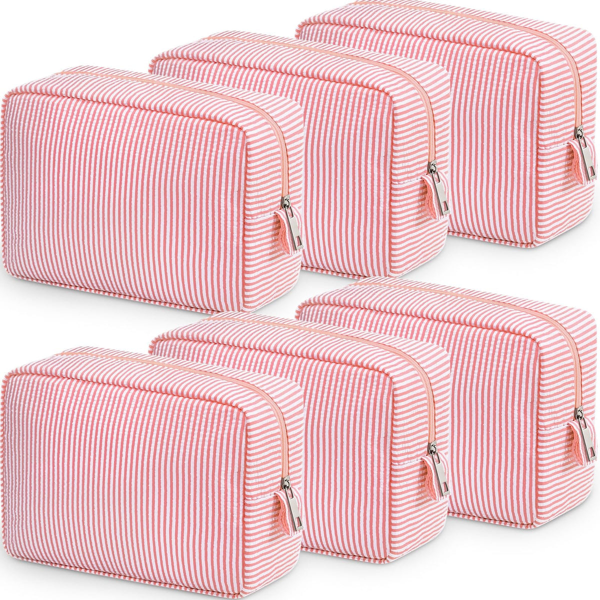Sanwuta 6 Pack Seersucker Makeup Bags for Women Striped,Large,Macaron Color