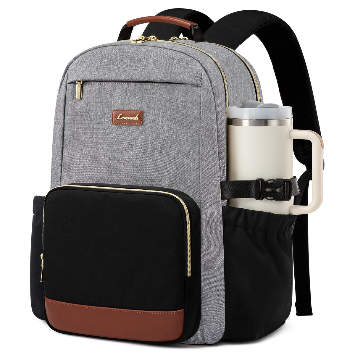 LOVEVOOK Laptop Backpack for Women with Pouch Pocket for Large Capacity Cup,15.6 Inch Laptop Computer Bag Travel Backpack Purse,Waterproof Work Business Backpack College Teacher Bags,Beige-Black-Brown