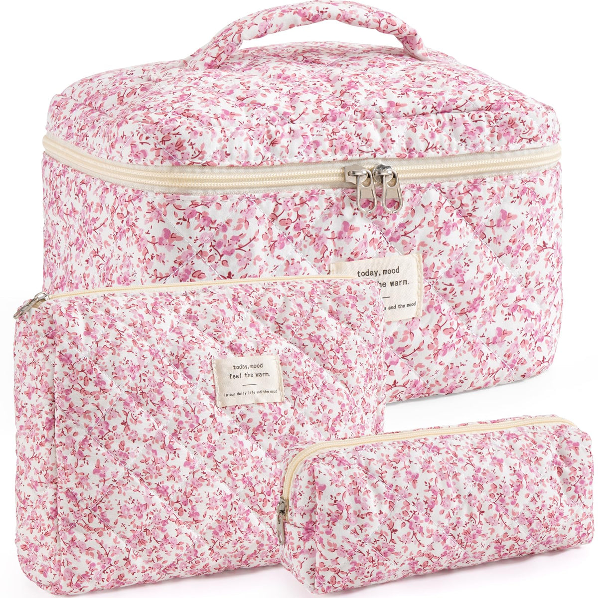 Makeup Bag for Women 3PCS Quilted Cotton Make Up Bag Travel Cosmetic Bag Large Makeup Bag Set Cute Makeups Organizer Floral Toiletry Pouch for Purse, Pink Floral D