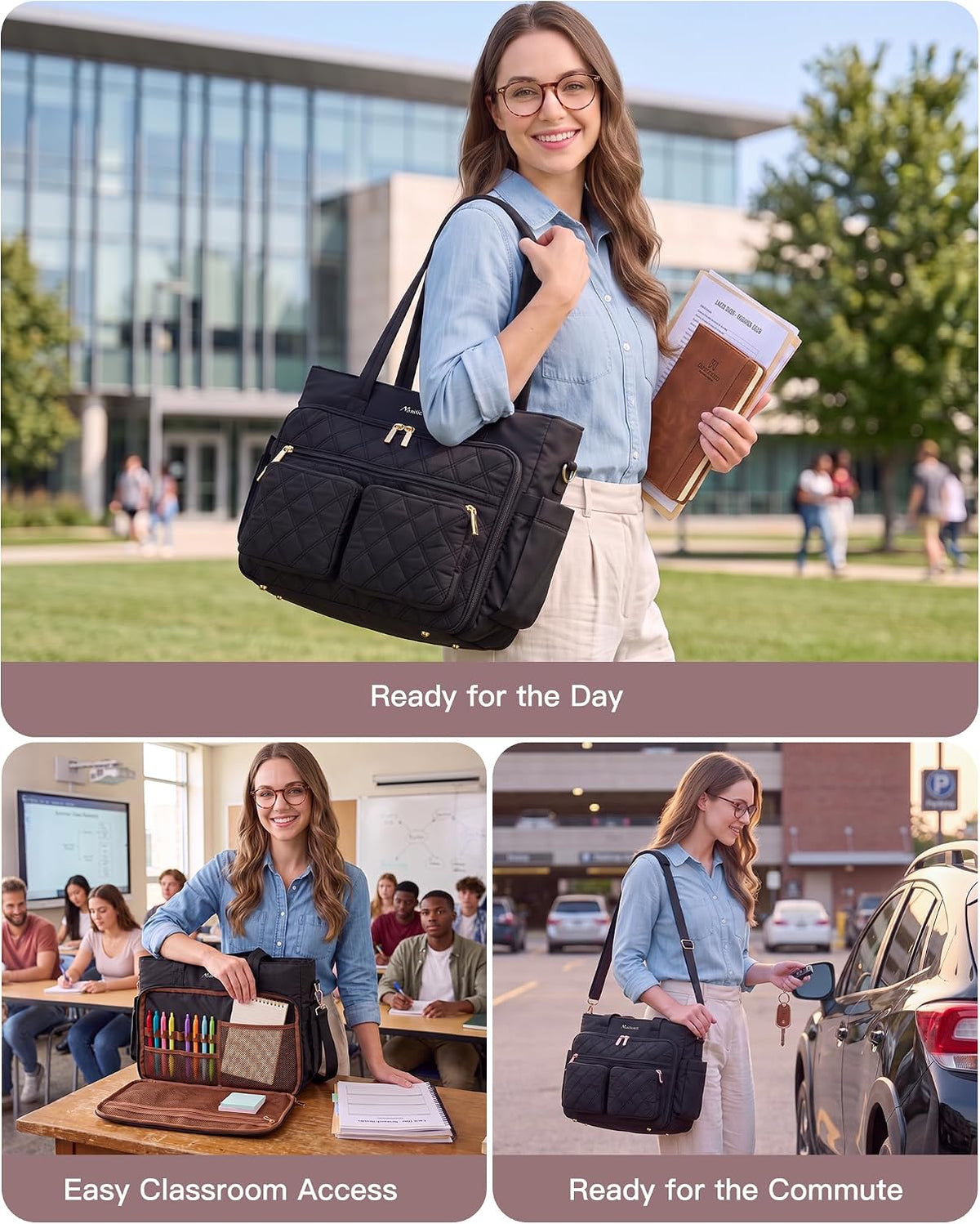 Teacher Tote Bag for Women, 15.6 Inch Laptop Bag with 40 oz Cup Holder