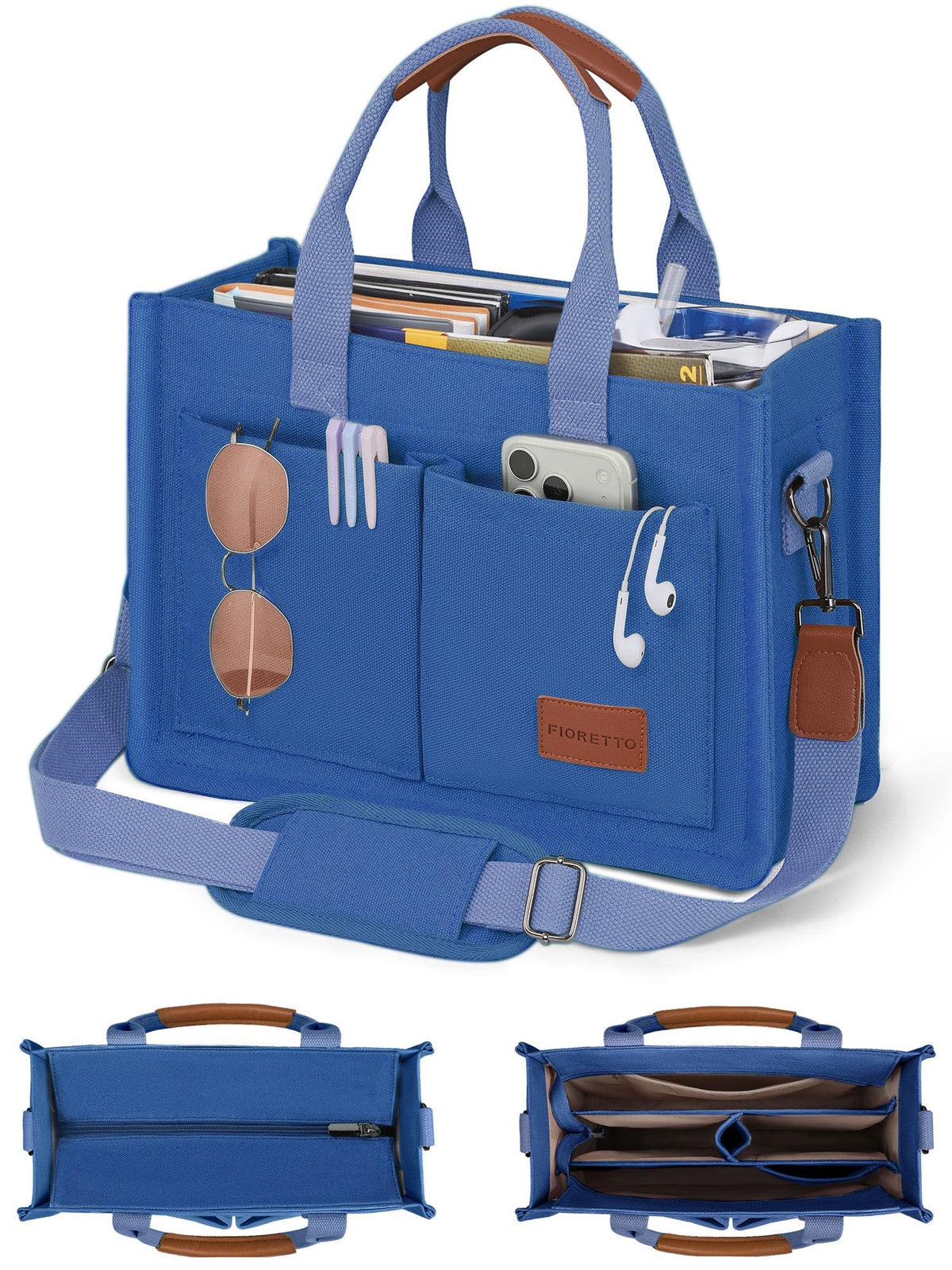 FIORETTO Canvas Tote Bag for Women with Zipper Closure & Individual Compartments for Work College for Teacher & Nurse