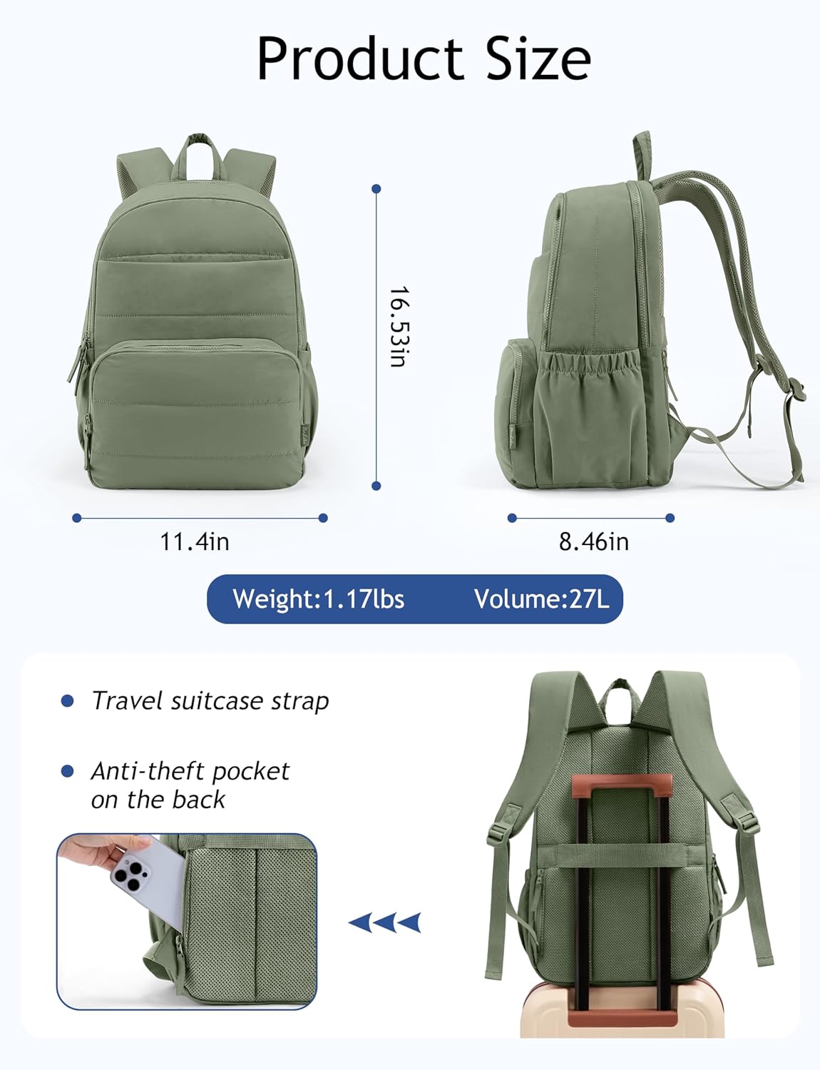 Uselike Travel Backpack for Women, 15.6 Inch Laptop Backpack, Quilted College Bookbag, Cute Work Backpacks, Water Resistant (Sage Green)