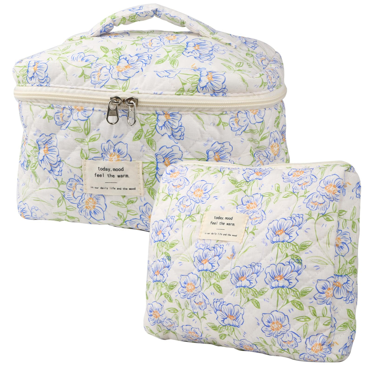 NATINSA Cute Makeup Bag for Women(2 Pcs), Travel Cosmetic Bags, Quilted Coquette Aesthetic Floral Toiletry Organizer Bag (46 - Sky Blue/4Pcs)
