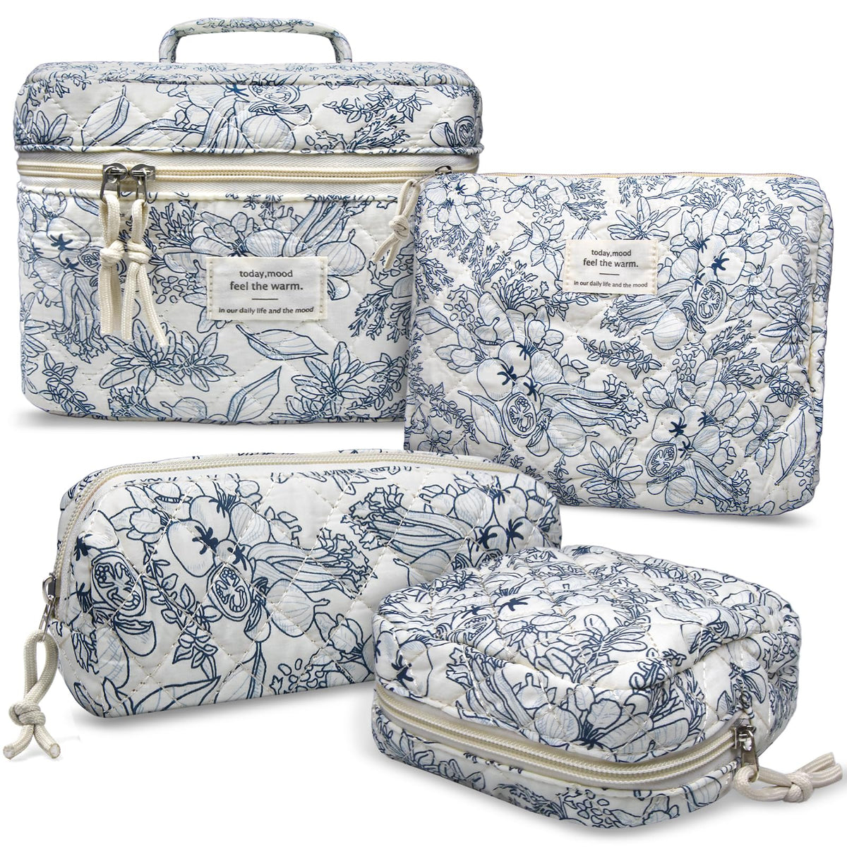 VIWIME Makeup Cosmetic Bag, Large Cotton Quilted Travel Coquette Aesthetic Cute Floral Make up Bag for Women Toiletry Bag Organizer (203- Blue Rose / 4Pcs)