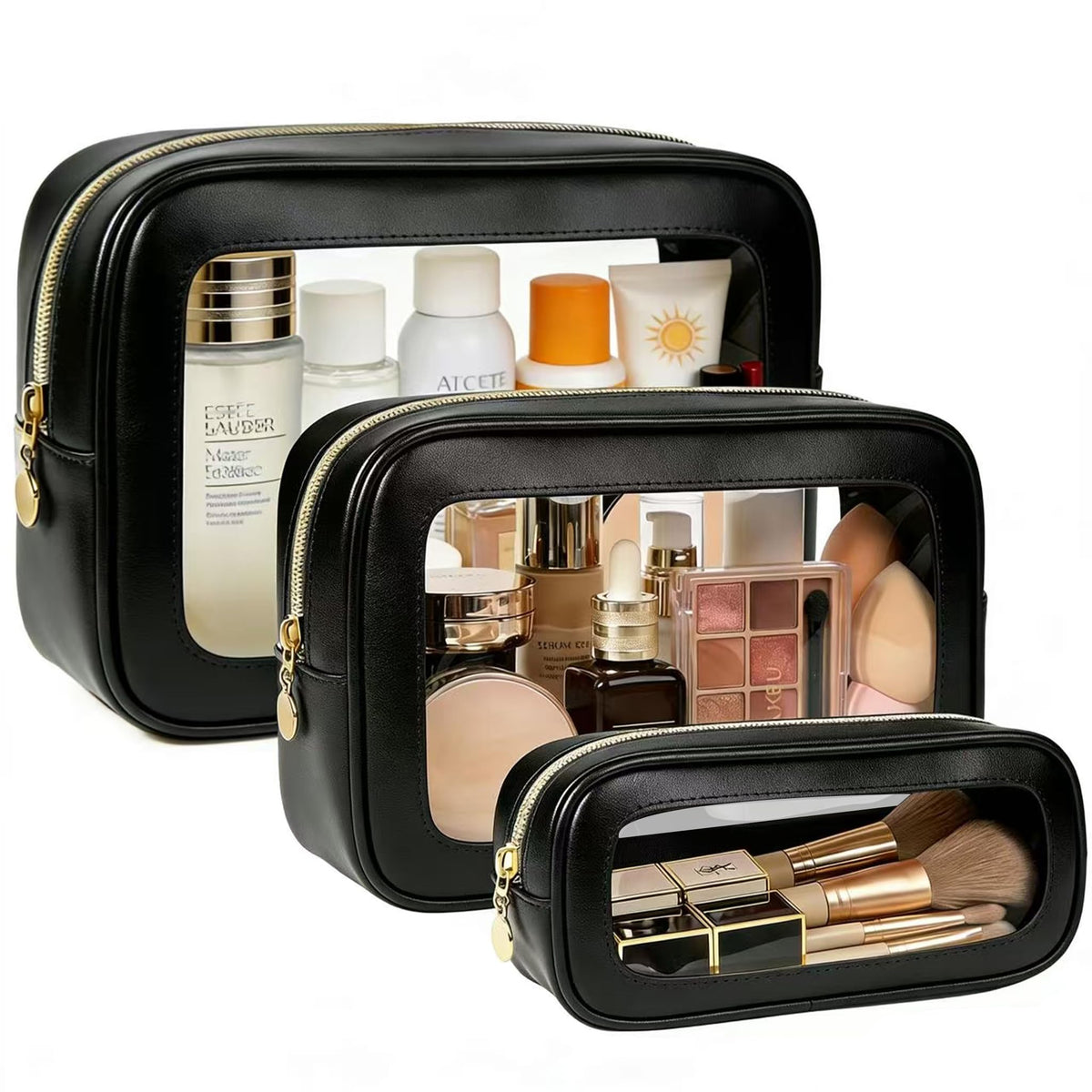 2Pcs Clear Makeup Bags Set, Clear Travel Makeup Brush Holder Leather Makeup Case Toiletry Bag with Zipper Portable Cosmetic Pouch Waterproof Makeup Brush Storage Bag Car Bag for Essentials