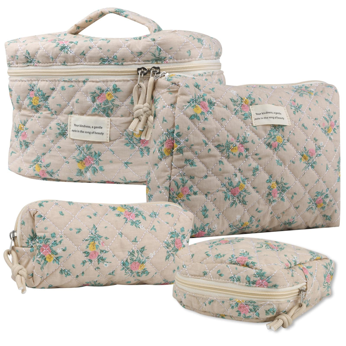NATINSA Cute Makeup Bag for Women(2 Pcs), Travel Cosmetic Bags, Quilted Coquette Aesthetic Floral Toiletry Organizer Bag (46 - Sky Blue/4Pcs)