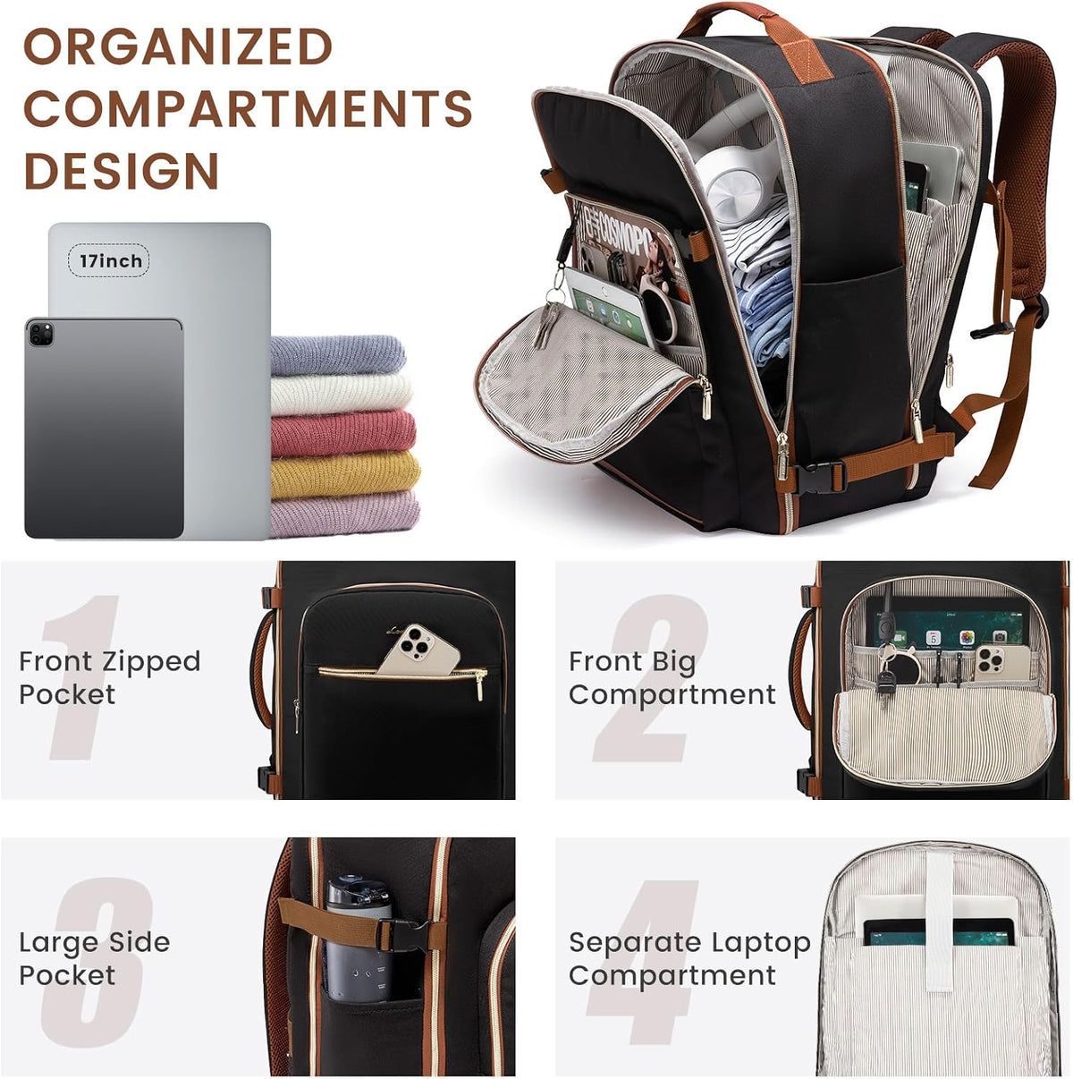 LOVEVOOK 40L Large Travel Backpack for Women Men, 17 Inch Carry on Backpack for Traveling on Airplane, Personal Item Bag Airline Approved, Business Causal Weekender Backpack, Black-Brown