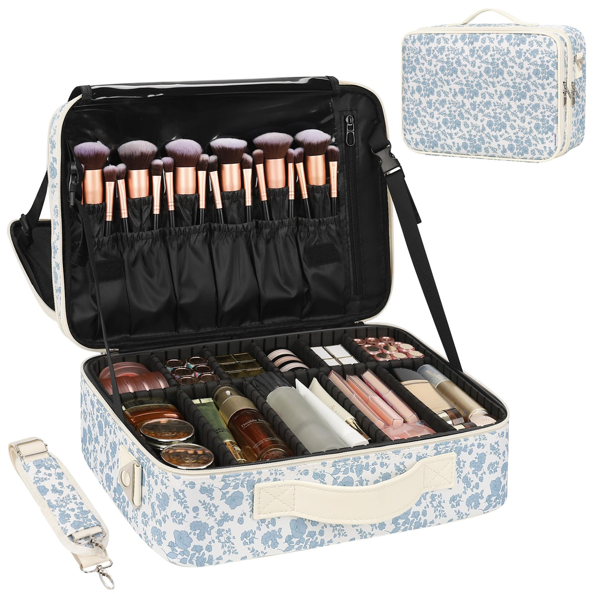 Relavel Makeup Bag Travel Makeup Train Case Large Cosmetic Case Professional Portable Makeup Brush Holder Organizer and Storage with Adjustable Dividers and Shoulder Strap Black
